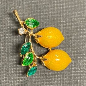 Elegant Lemon Brooch pin with Green Leaves  unisex